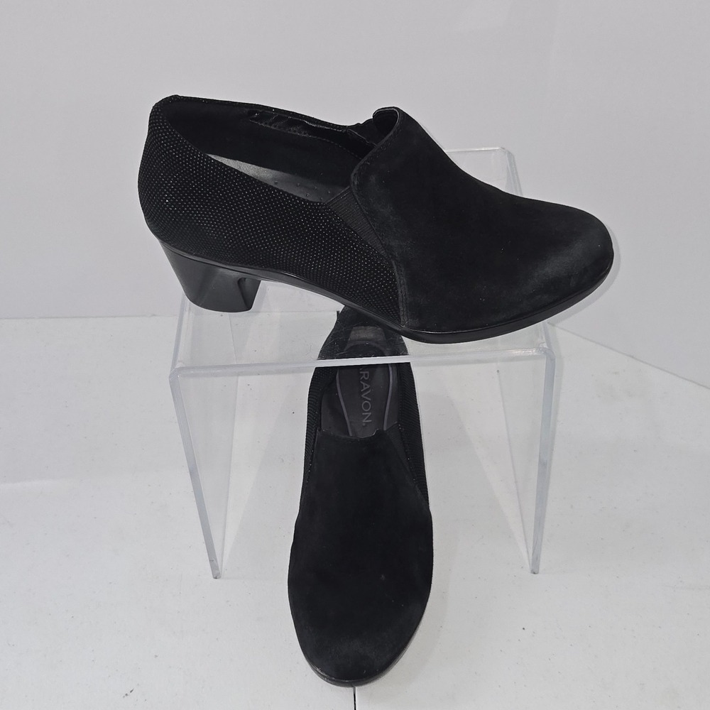 Aravon Womens 8 D Black Leather Suede Slip On Block Heel Comfort Shoes‎ CG8758